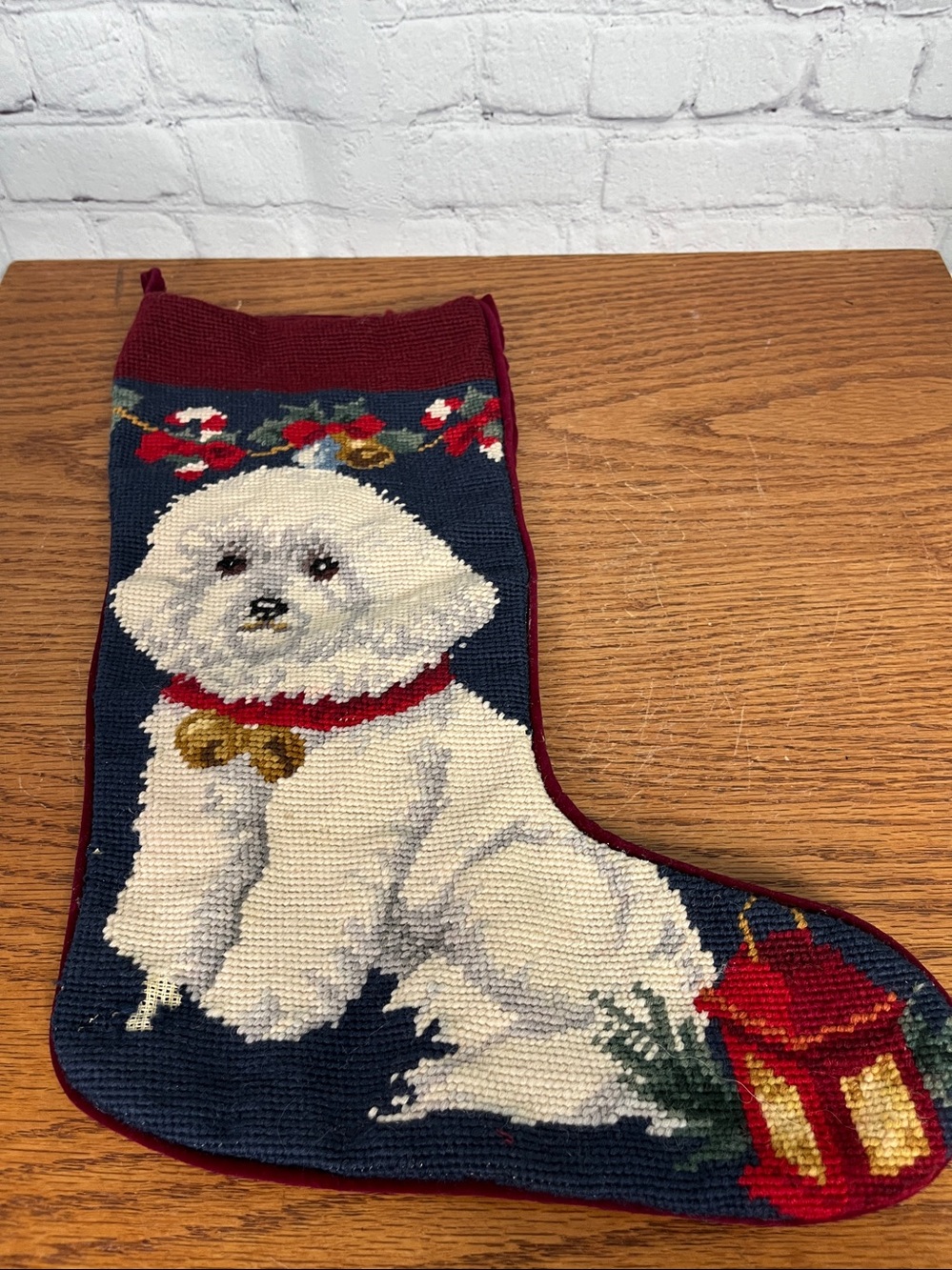 Vtg Wool Bichon Frise Christmas Stocking Needlepoint Handmade 17" Dog as is.